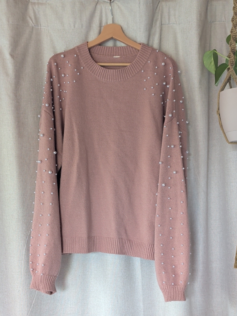 Pearl Accent Dusty Rose Crewneck Sweater